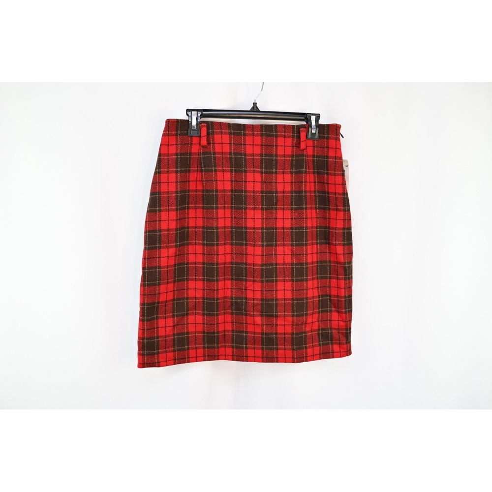 Lizsport Vintage Plaid Wool Skirt Red Brown Retro Tartan Mini Skirt Womens 14